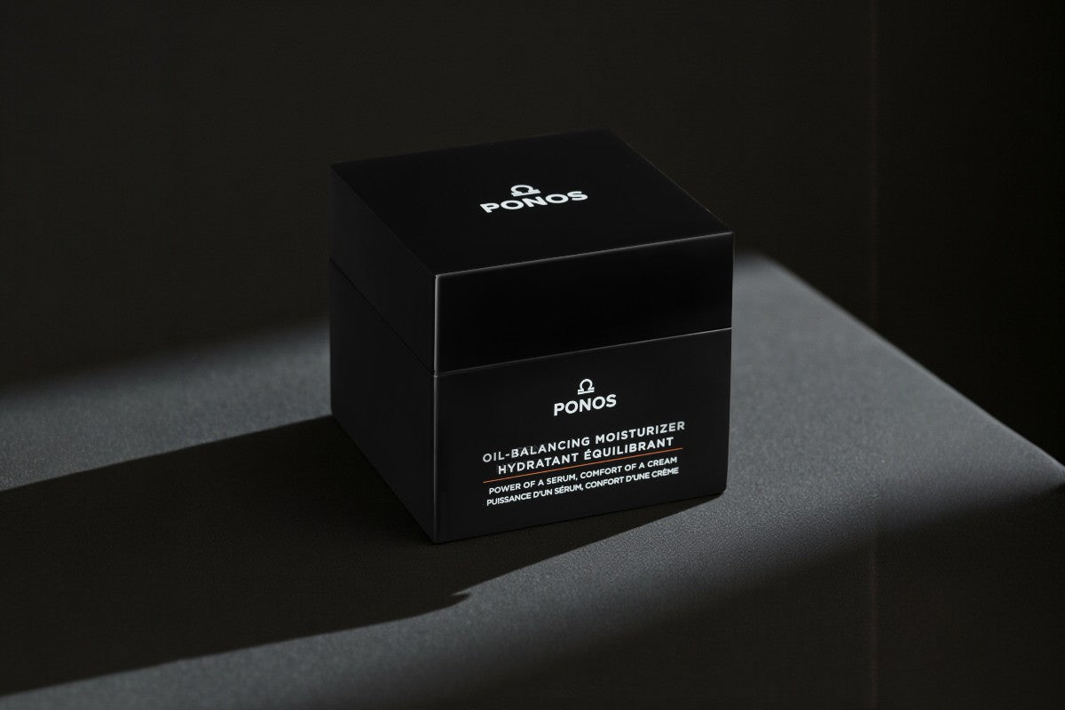 PONOS matte moisturizer on black marble counter - oil-free hydration for men's oily skin