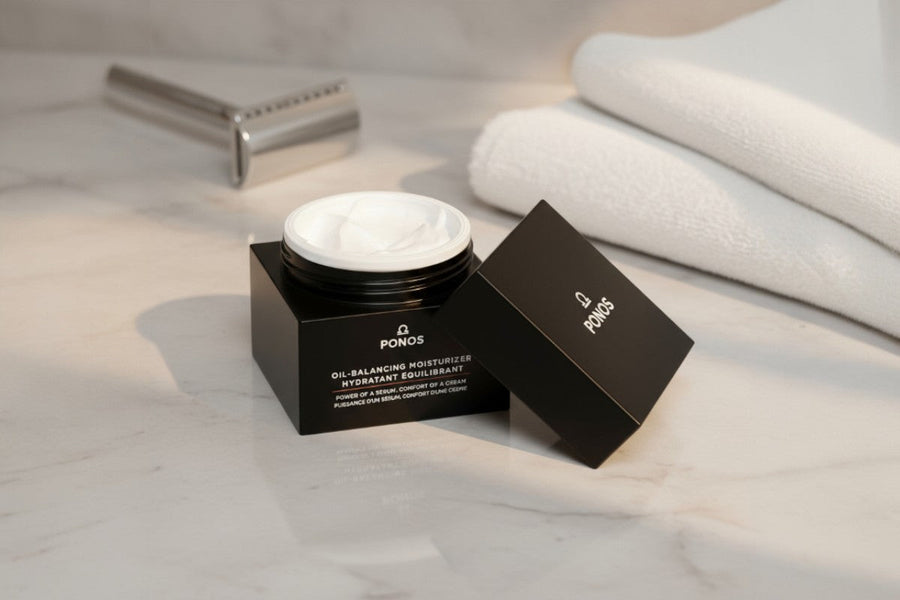 Two-step men’s skincare ritual — PONOS moisturizer on marble vanity surface