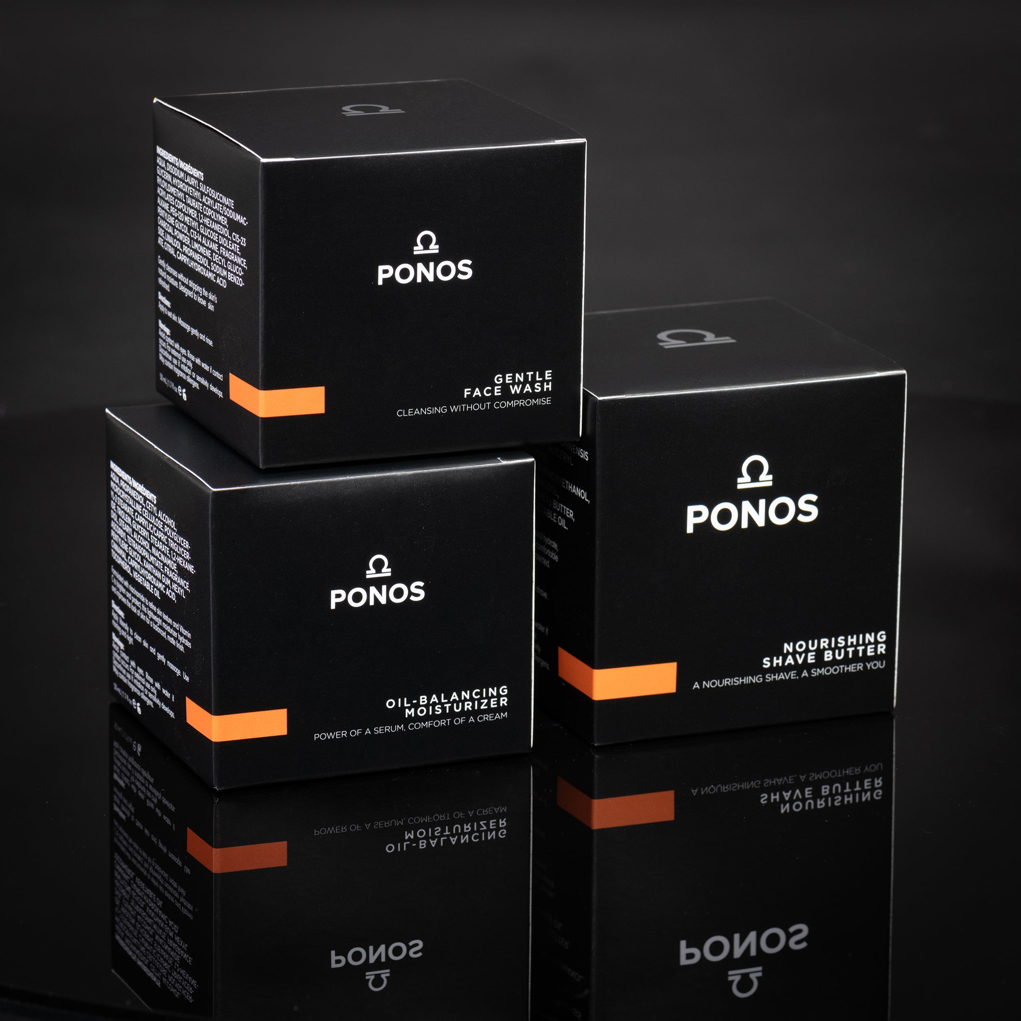 PONOS three-piece skincare collection stacked - quiet luxury for men